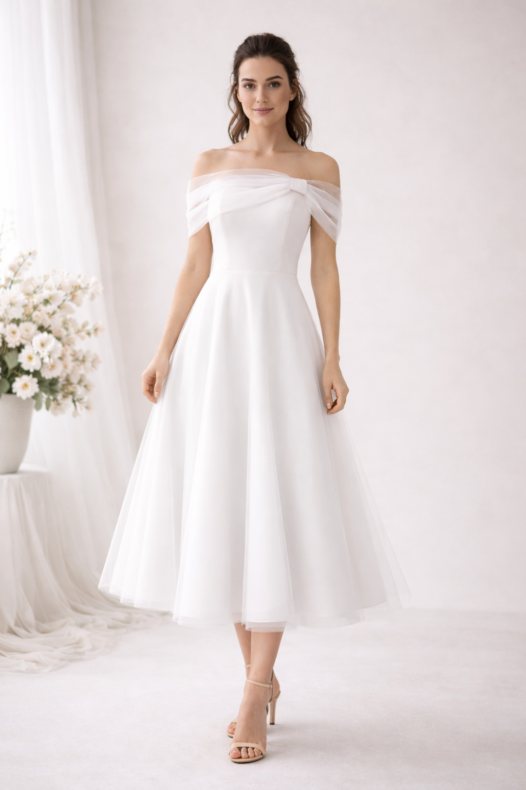 Madonna Yaka Tül Detaylı Midi söz Nişan Elbisesi